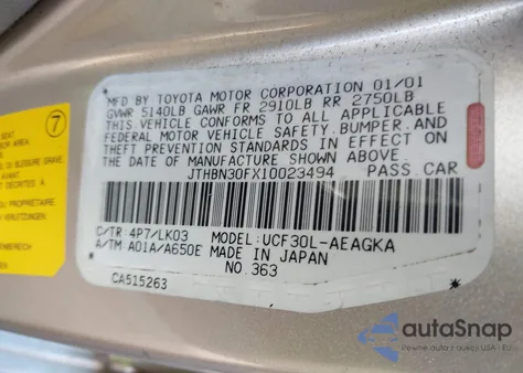 2001 Lexus Ls 430 из США, поврежденный, VIN JTHBN30FX10023494